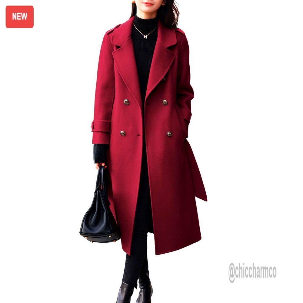 Wool Pea Coat Double Breasted Belted Midi Long Winter Coat Women's